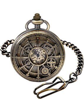 Men's Brown Vintage Style Hollow-Out Round Gear Arabic Mechanical Pocket Watch